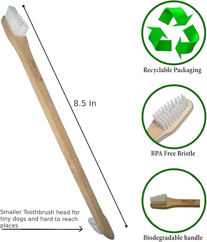 4-Pack Bamboo Dog & Pet Toothbrushes - 2 Brush Heads Large & Small with Extra Long 8.5" Use with Toothpaste to Eliminate Cavities, Bad Breath, Tartar for Puppies, Cats, Kittens