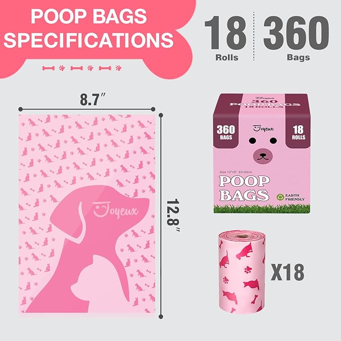 Dog Poop Bags Rolls with Dispenser, Leak Proof, Extra Thick Doggie Pet Waste Bags, 360 Count Poop Bag and Doggy Holder for Dogs Cats, Unscented, Pink