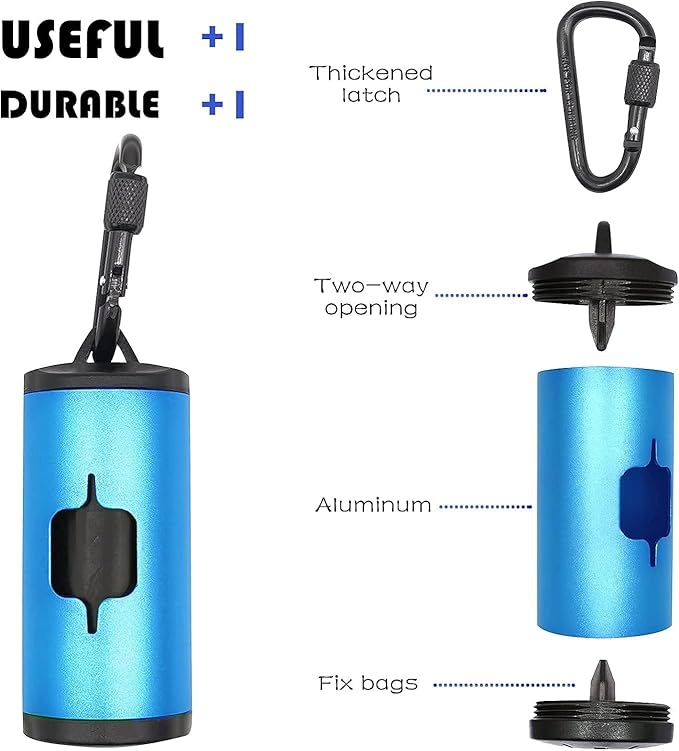 Metal Dog Poop Bags Holder Aluminum Poo Bags Dispenser with Pet Waste Bags 3 Leash Clasp and Elastic Rope for Used Bags(1 Holder 135 Bags,Blue)