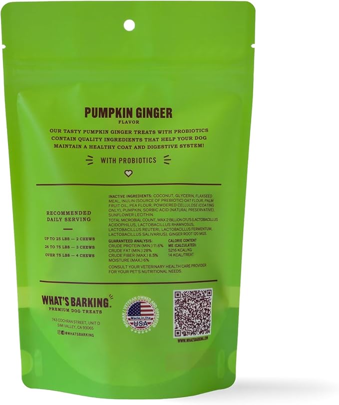 What's Barking Pumpkin Ginger Soft Chews - Premium Chewy Dog Treats, Probiotic, Natural Ingredients, No Wheat, Made in USA - 6 oz (Pack of 1)