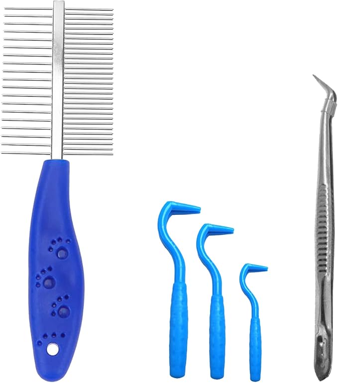 Tick Remover Tool Set(Blue),Remover Flea Combs,Tweezers,Painlessly Tick for Dogs Cats and Humans Pets(5 Pieces)
