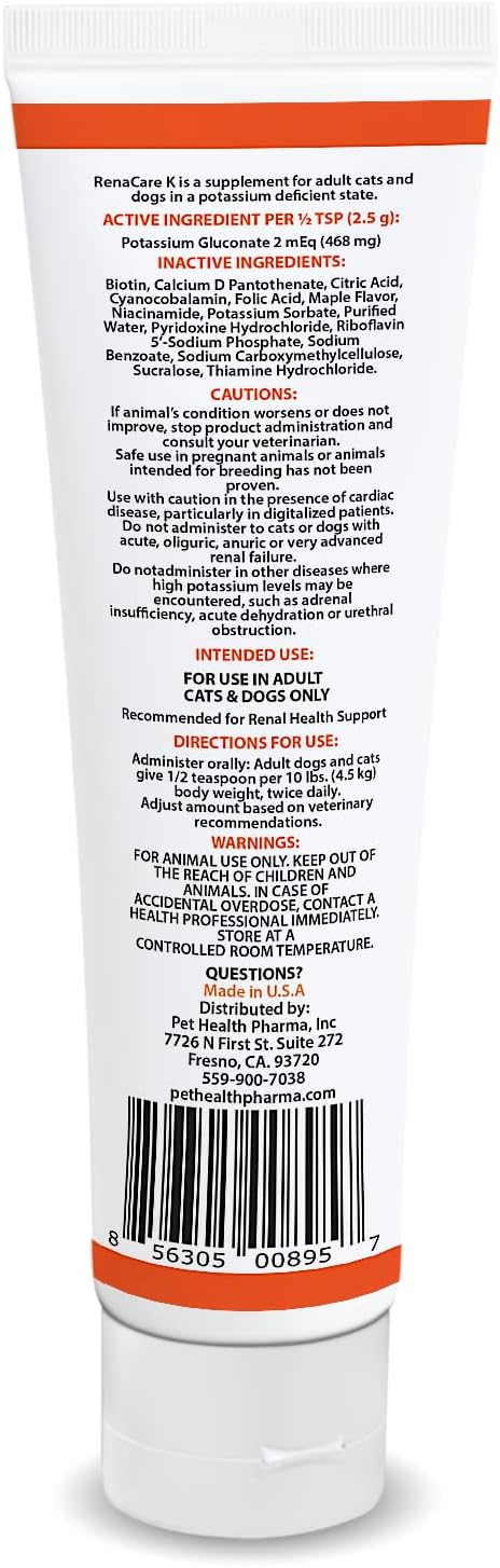 RenaCare K is for Renal K (Potassium Gluconate) Potassium Supplement Gel for Dogs and Cats, (5 oz) with Maple Flavor (Made in U.S.A)