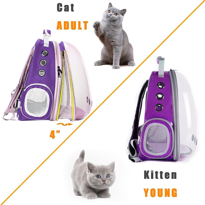 Expandable Cat Backpack Carrier, Fit up to 20 lbs, Space Capsule Astronaut Bubble Window Pet Backpack for Large Cat and Small Puppy (Purple, Front Extension)