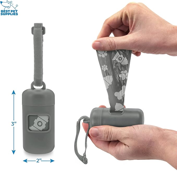 Best Pet Supplies Dog Poop Bag Holder Leash Attachment with 30 Bags, Reusable Dispenser for Travel, Walking, Park, and Outdoor Use, Durable with Clip-On - Gray, Pack of 2