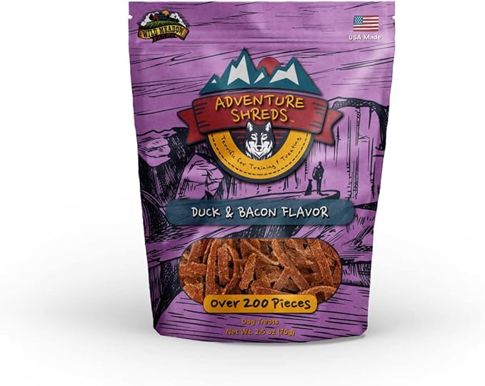 Wild Meadow Farms - Adventure Shreds Duck & Bacon Dog Treats, Soft & Thin Dog Treats for Training & Rewards, Grain-Free Snacks for Pets of All Breeds and Ages - 2.5 Ounce Pouch