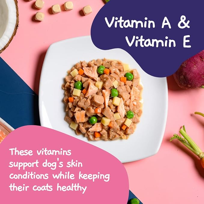 MOOCHIE Grain Free Wet Dog Food for Small Dogs - Skin and Coat - Made with Salmon, Chicken, Beef and Vegetables - No Added Preservatives or Artifical Flavoring - 12 x 3 oz Pouch