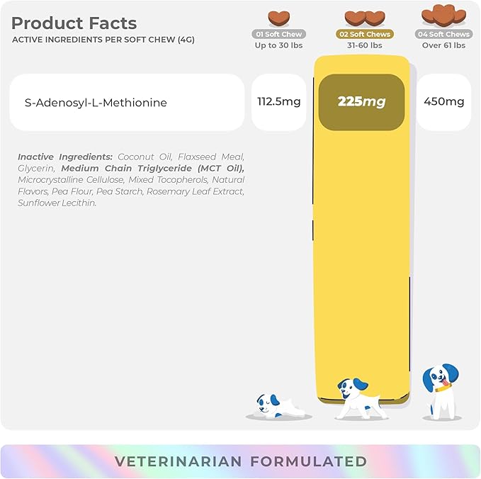 SAMe for Dogs - S-Adenosyl-L-Methionine - 90 Soft Chews - with MCT Oil for Better Absorption - Promotes Brain Health, Liver Support, and Cognitive Function