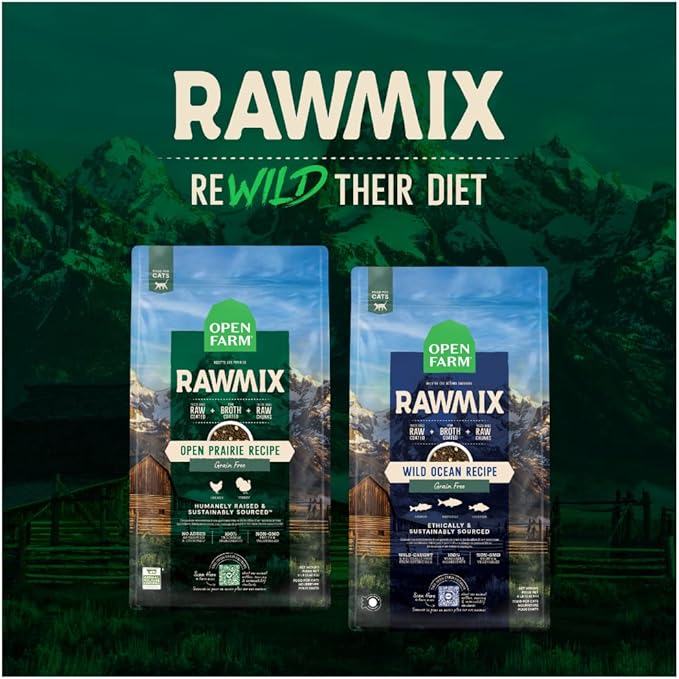 Open Farm RawMix Prairie Recipe for Cats, includes Kibble, Bone Broth, and Freeze Dried Raw, Inspired by The Wild, Humanely Raised Protein and Non-GMO Fruits and Veggies, 8 lb