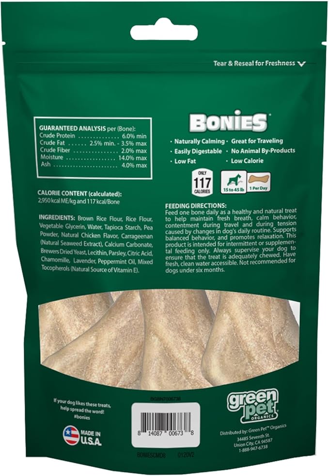 Bonies Natural Calming Formula Dog Treats, Contains Chamomile & Lavender, Help Anxiety, Excessive Barking & Trembling, Chicken Flavor, Medium, 8 Bones