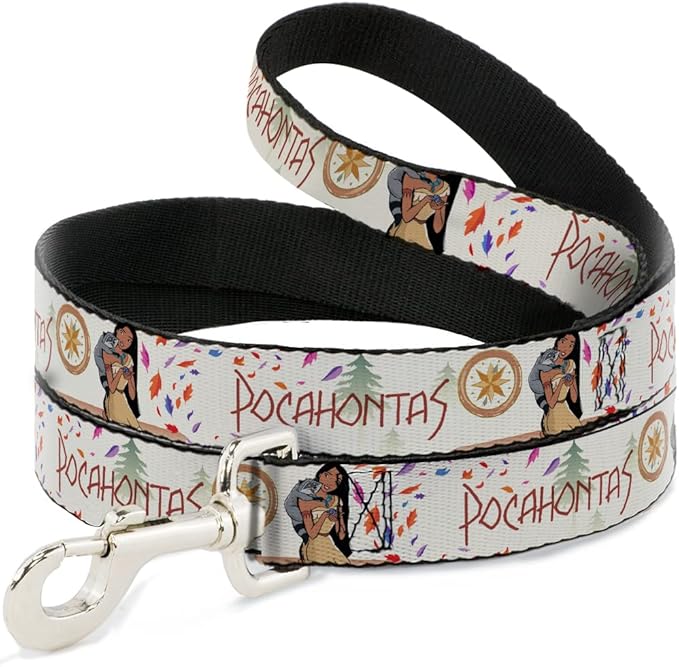Dog Leash Pocahontas and Meeko Compass Pose with Script and Leaves Beige 6 Feet Long 0.5 Inch Wide