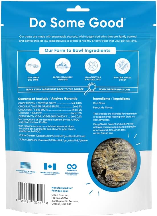 Open Farm Dehydrated Cod Skin Grain-Free Dog Treats, One-Ingredient Gently Cooked Pacific Fish Recipe with No Artificial Flavors or Preservatives, 2.25 oz