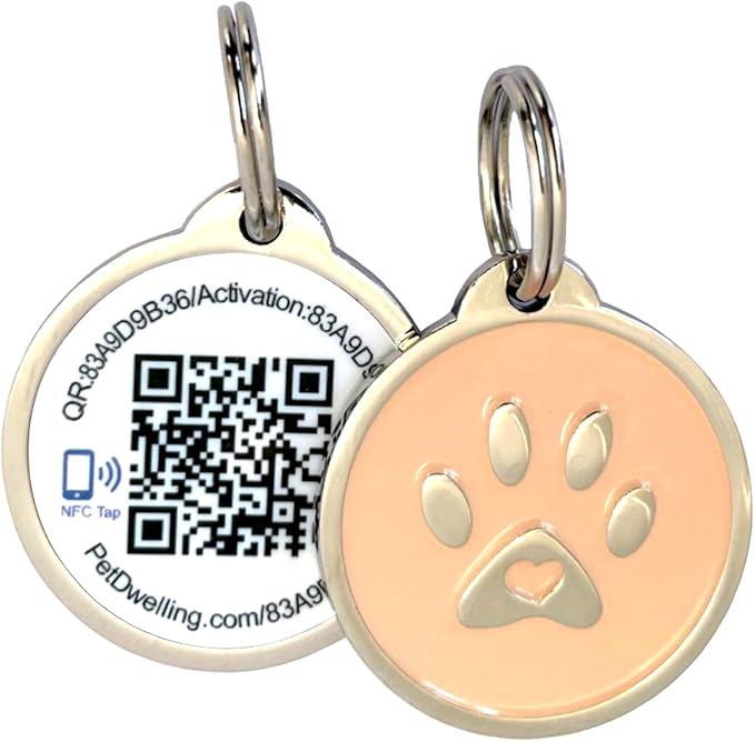 Premium NFC-QR Code Pet ID Tags - Dog Tags and Cat Tags, Connect to Online Pet Profile, Receive Instant Scanned Location Email Alert(Peach Paw)