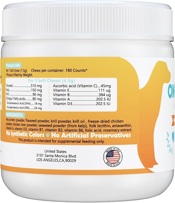 180 Chews Omega 3 for Dogs & Cats - with Krill - Skin and Coat Supplement - Dry & Itchy Skin Relief - Allergy Relief - Shiny Coats - No Shedding - EPA & DHA, Vitamins and Minerals - Chicken Flavor