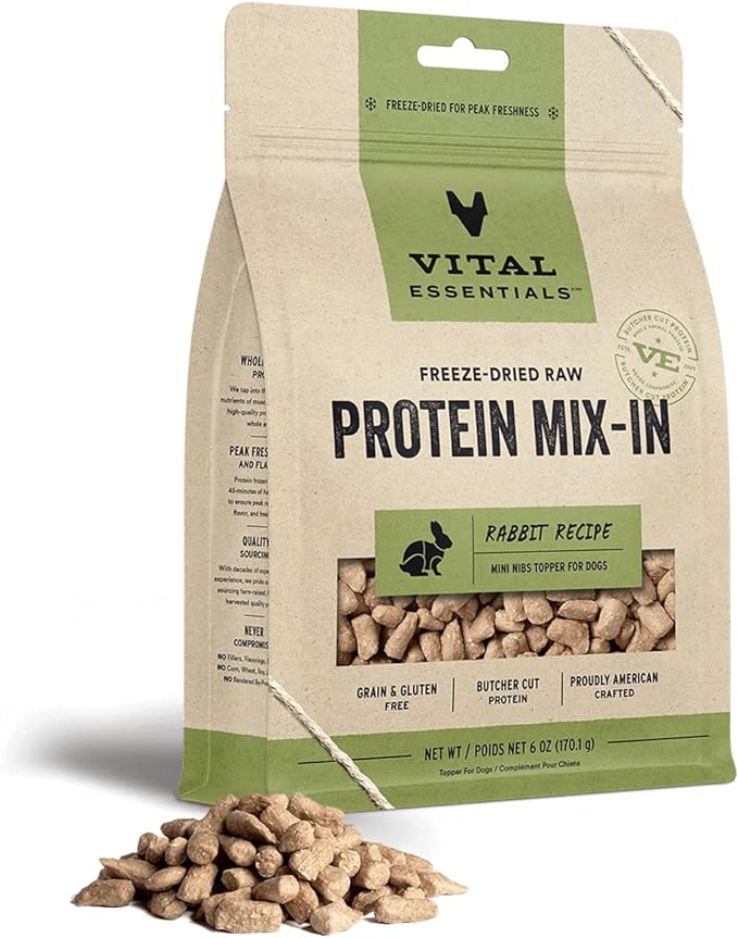 Vital Essentials Freeze Dried Raw Protein Mix-in Dog Food Topper, Rabbit Mini Nibs Topper for Dogs, 6 oz