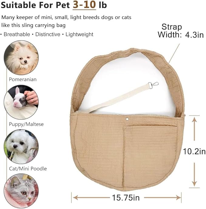 NATUYA Small Dog Carrier Sling Dog Sling Carrier for Small Dogs Puppies Cats, Big Pouch Safety Leash Pet Sling Carrier for Walking Outdoor Travel (Brown, Canvas)