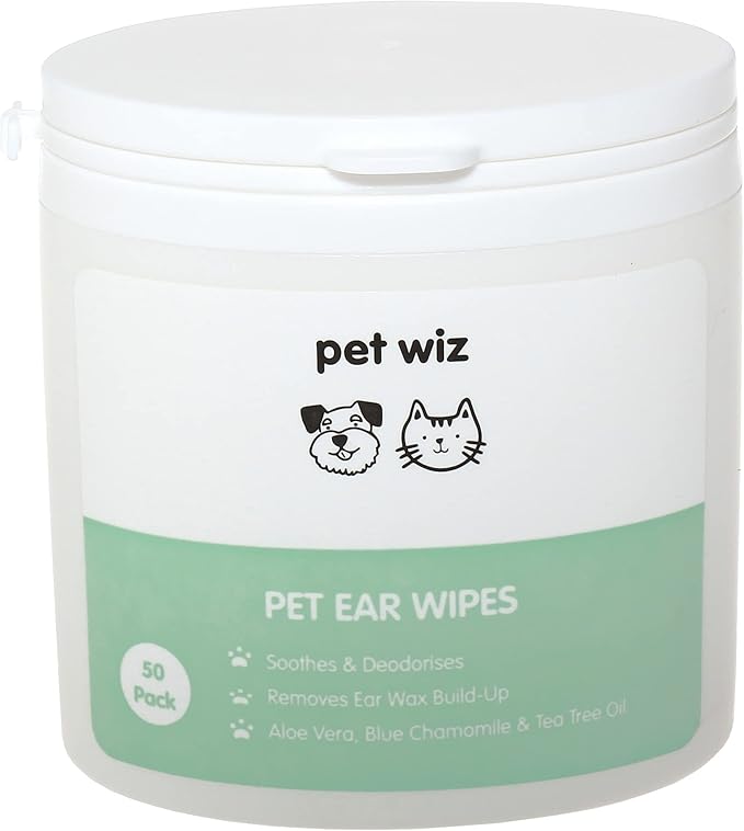pet wiz Ear Wipes for Dogs & Cats. Clean, Soothe & Deodorise with Natural Active Ingredients Aloe Vera, Witch Hazel, Tea Tree Oil and Blue Chamomile Extract.