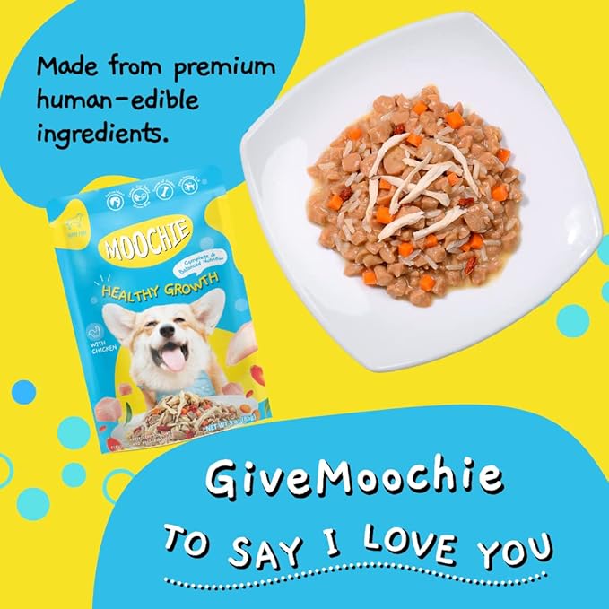 MOOCHIE Healthy Growth Wet Puppy Food - Soft Dog Food - Made with Real Chicken, Beef, Vegetables and Rice - No Added Preservatives or Artifical Flavors - 12 x 3 oz Pouch