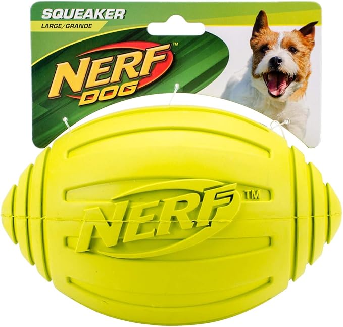 Nerf Dog Ridged Football Dog Toy with Interactive Squeaker, Lightweight, Durable and Water Resistant, 7 Inch Diameter for Medium/Large Breeds, Single Unit, Green