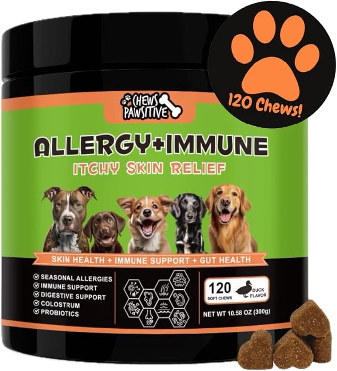 Allergy + Immune Chews for Dogs - Dog Supplements for Itchy Skin and Seasonal Allergy Relief- Natural Dog Immune Support- Digestive Health Probiotics - 120ct