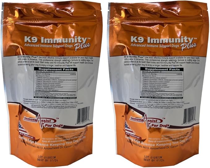 K9 Immunity Plus - Potent Immune Booster for Dogs 30-70 lbs - Certified Organic – Mushroom Enhanced Supplement - Veterinarian Recommended Dog Health Supplement - 60 Chews 2 Pack