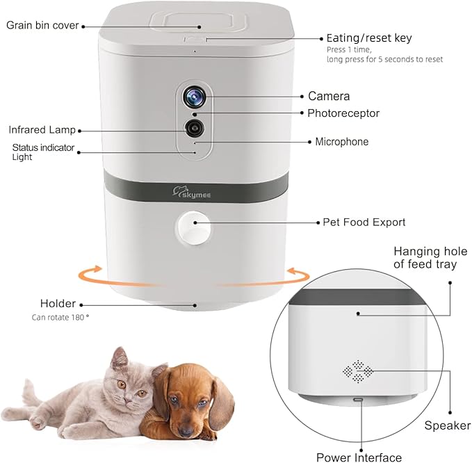 SKYMEE Petalk AI II Dog Camera Automatic Treat Dispenser, 5G WiFi Full HD Pet Camera with 180° Pan Full-Room View