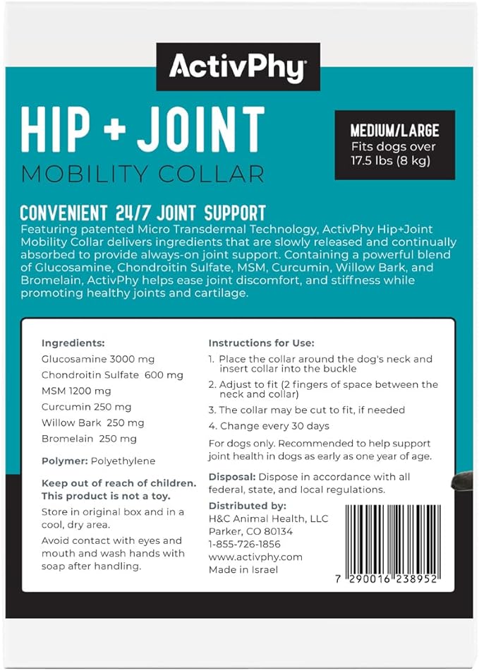 Hip + Joint Mobility Collar for Dogs with Glucosamine, Chondroitin, MSM, and More | Convenient & Easy | 30 Days of Continuous Support | Water Resistant (Med/Large)