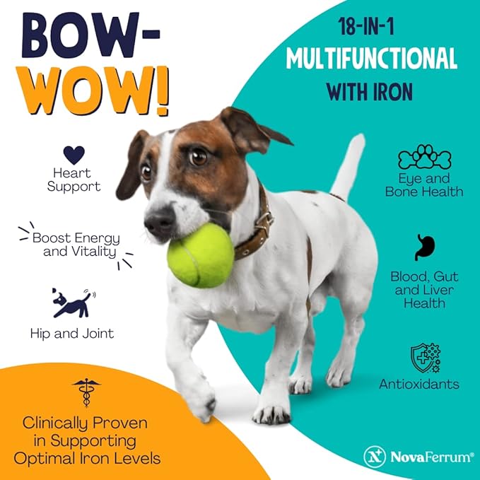 NovaFerrum Bow Wow | 18-in-1 Multifunctional with Iron Supplement for Dogs | Blood Support for Anemia | Glucosamine | Probiotics | Antioxidants | Chicken Flavor | 90 Chews