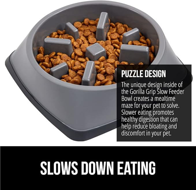 Gorilla Grip Slow Feeder Dog and Cat Bowls, Interactive Puzzle Toy for Dogs and Cats Food Training, Keeps Pets Busy and Prevents Puppy Overeating, Large, Small Breeds, 100% BPA Free, 1 Cup Gray