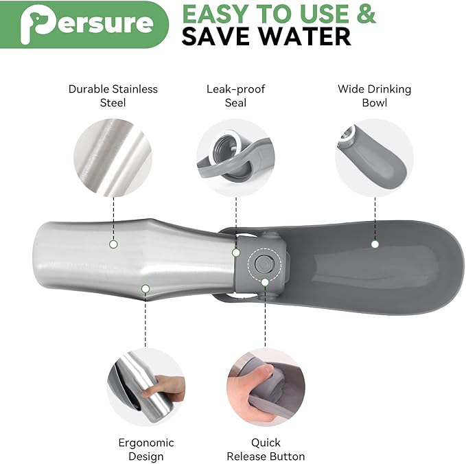 Dog Water Bottle, Portable Dog Water Bottle Dispenser - 27 OZ Stainless Steel Leak-Proof Water Bottle for Dogs On The Go, Perfect for Travel, Walking, Hiking and Outdoor Activities, Gray