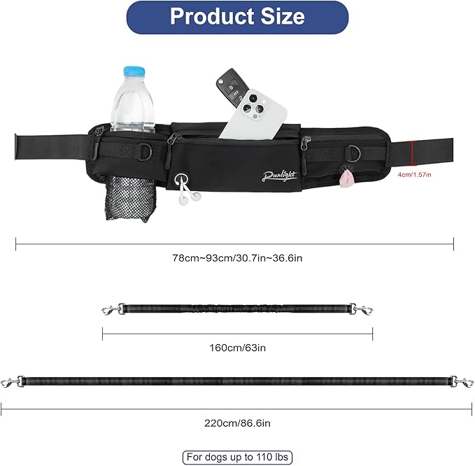 Hands Free Dog Leash,Hands Free Dog Running Leash with Removable Zipper Pouch,Waist Dog Leash Belt Fanny Pack Bag for Walking,Hiking,Biking,Jogging,Training (B Gray)