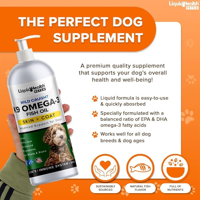 Liquid Health Pets K9 Omega 3 Fish Oil for Dogs - Liquid Omega 3 for Dogs with EPA + DPA + DHA, Dog Shedding Suplement May Reduce Itching and Support Joint, Immunity, Brain & Heart Health (16 Oz)