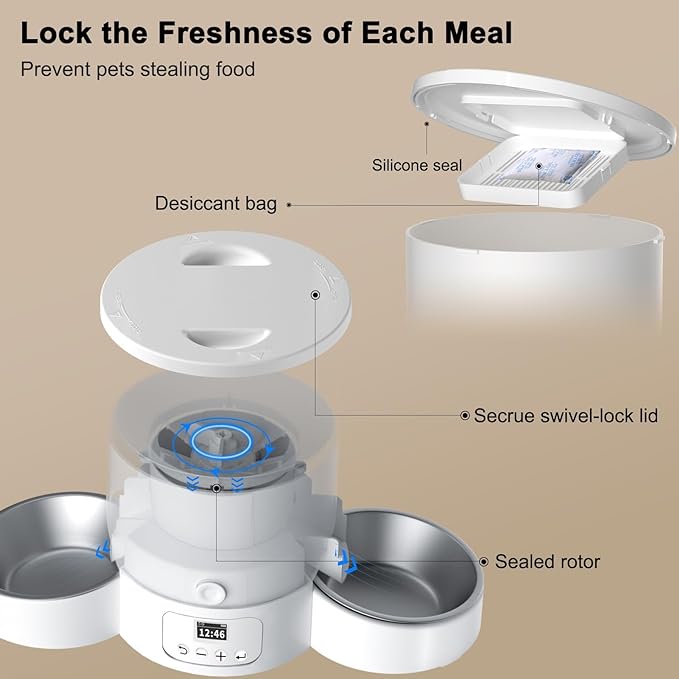 Automatic Cat Feeder for 2 Cats, 3L Cat Food Dispenser SURDY Auto Cat Feeder with 2 Stainless Bowls, 10s Meal Call Dual Power Supply and Timer Setting 12 Portions 6 Meals Per Day for Cats and Dogs