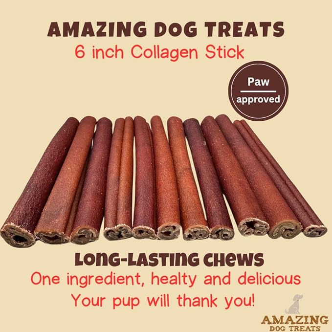Amazing Dog Treats 6 Inch Collagen Stick - (25 Count) - Collagen Bully Sticks for Dogs - 95% Natural Collagen Sticks for Dogs - No Hide Bones for Dogs