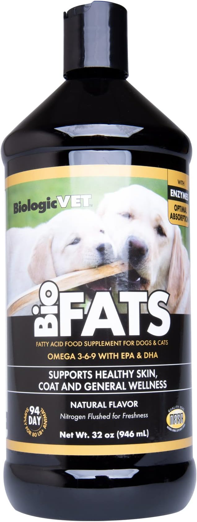 BioFATS Omega 3-6-9 Fatty Acid with EPA & DHA, Supports Healthy Skin, Coat and General Wellness, 94-Day Supply for 80-lb. Animal, 32-fl. oz. Bottle