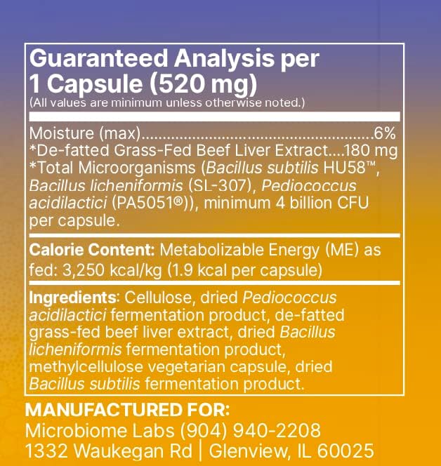 Microbiome Labs FidoSpore - Dog & Cat Digestive Supplement - Bacillus Subtilis Spore Based Probiotic to Support Digestion & Gut Health - Grass Fed Beef Liver Flavored Probiotics for Dogs (30 Capsules)
