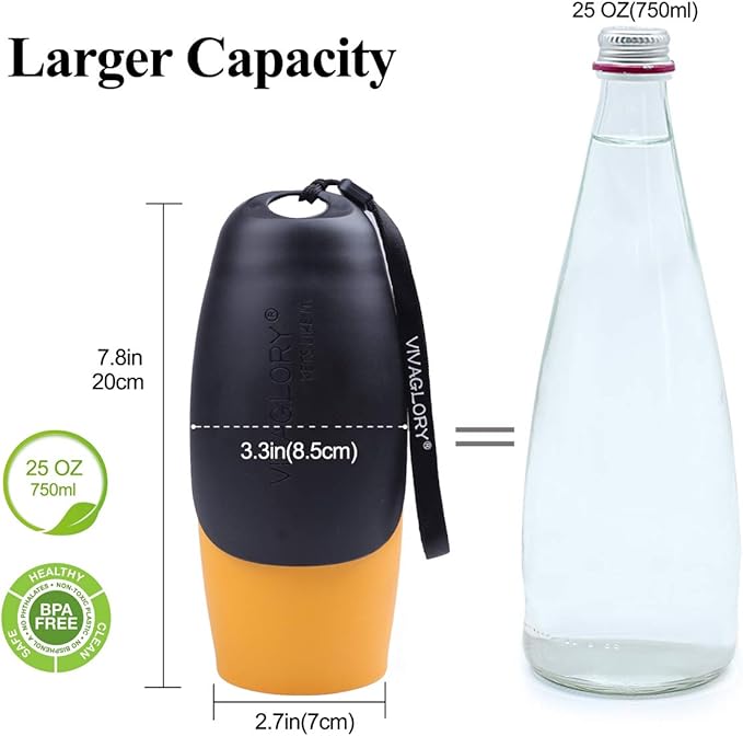 VIVAGLORY Dog Water Bottle, Pet Drinking Bottle, 25oz Portable & Leakproof Stainless Steel Dog Travel Water Bottle Bowl with Large Trough for Walking & Hiking, Orange Yellow