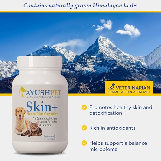 Ayush Pet Skin Plus, Neem Supplement for Healthy Skin and Coat, Supports Gut and Immunity, 90 Capsules