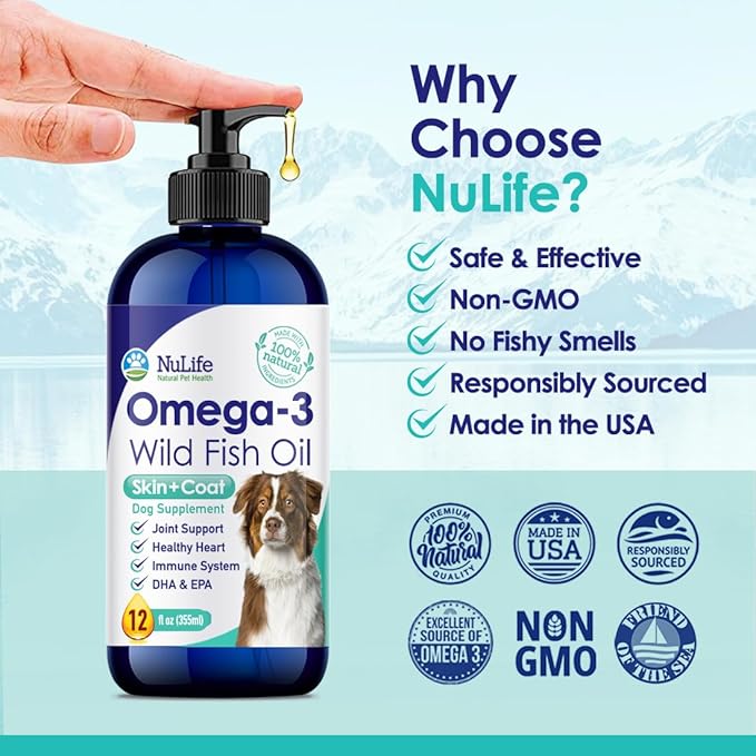 Liquid Fish Oil for Dogs with Omega 3, 6 & 9 Fatty Acids, Wild Caught from Iceland, Skin and Coat Supplement for Shedding, Itchy Skin, Allergies, Brain and Heart Health, Rich in EPA + DHA - 12 oz