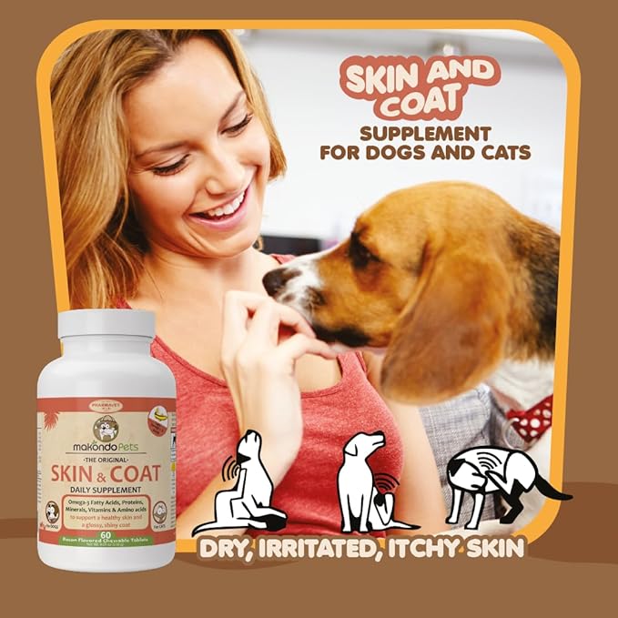 Skin and Coat Supplement with Fish Oil and Omega 3 for Dogs and Cats - Dog Itch Relief Pet Supplement for Shedding, Dry Itchy Skin and Allergies - Dog Allergy Treatment Vitamins (60 Chewable Tablets)