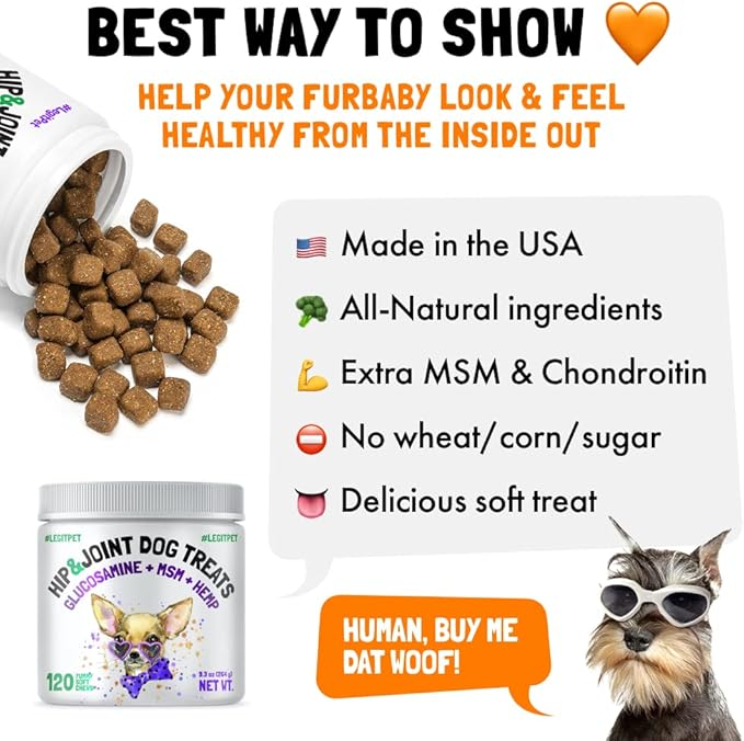 Hemp Hip & Joint Supplement for Dogs 120 Soft Chews Made in USA Functional Glucosamine for Dogs Chondroitin MSM Turmeric Hemp Seed Oil Natural Pain Relief Mobility Advanced Joint Health For All Breeds
