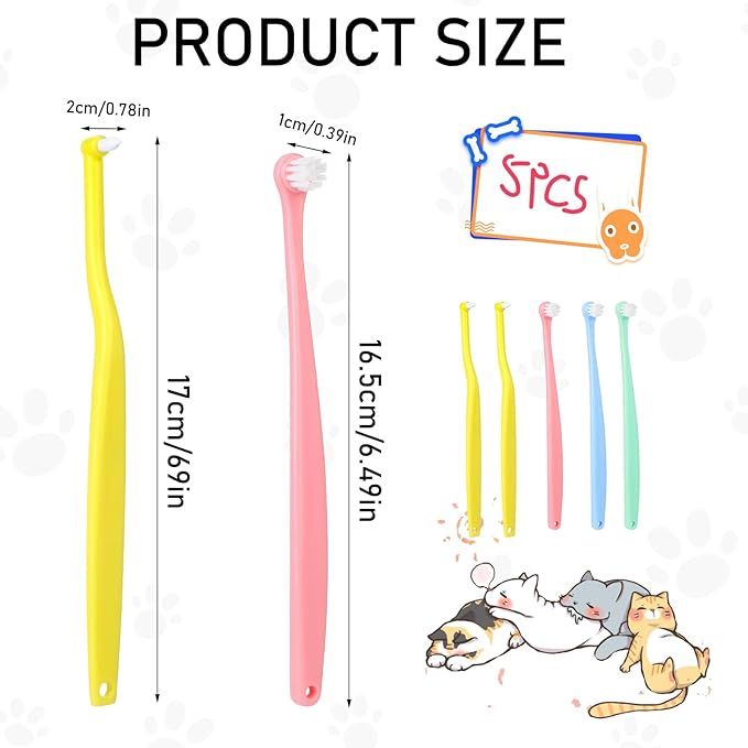 5pcs Dog Cat Toothbrush for Pet Dental Care, Micro Head Pets Toothbrush with Soft Bristles for Dog Oral Hygiene Deep Clean, Multi-Angle Round Pointed Cat Toothbrush