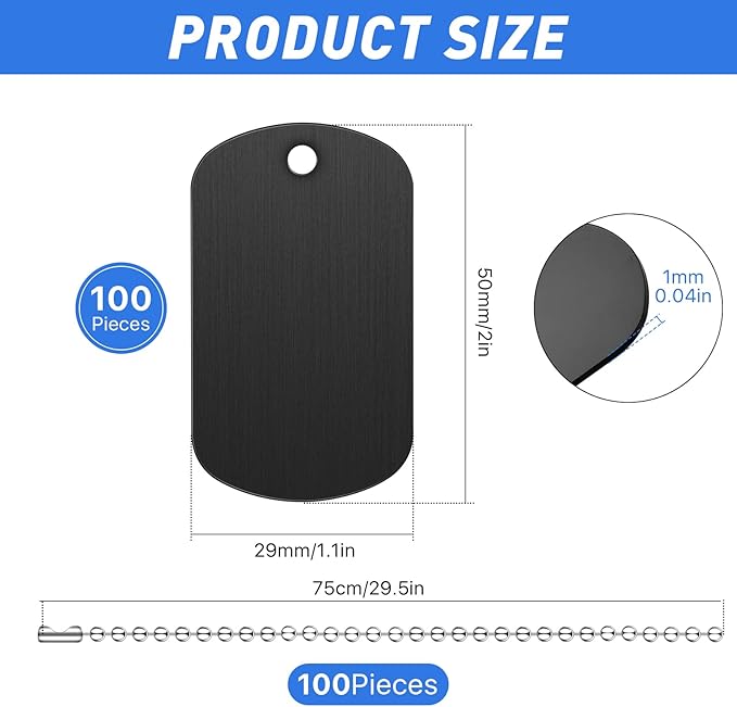 200Pcs Military Dog Tags, Rectangle Blank Metal Stamping Tags Set Including 100Pcs Aluminum Blank Dog Tags 100Pcs Ball Steel Chains Personalized Pets Tags for DIY Decorative Craft (Black)