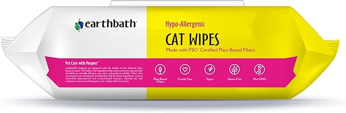 earthbath, Hypo-Allergenic Cat Wipes - Fragrance Free Cat Wipes for Paws and Butt, Best Pet Wipes for Cats with Sensitive Skin, Made in USA, Cruelty-Free Cat Cleaning Wipes - 100 Count (2 Pack)