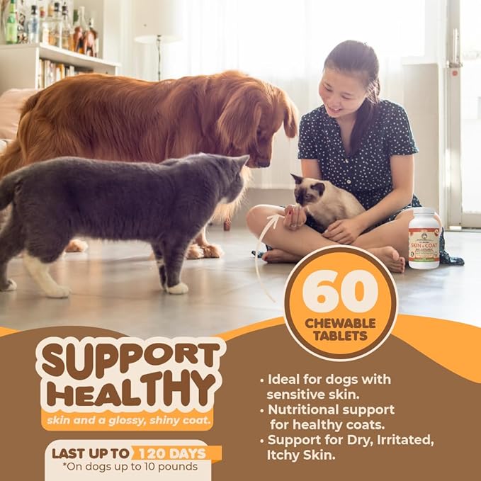 Skin and Coat Supplement with Fish Oil and Omega 3 for Dogs and Cats - Dog Itch Relief Pet Supplement for Shedding, Dry Itchy Skin and Allergies - Dog Allergy Treatment Vitamins (60 Chewable Tablets)
