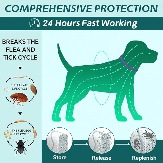 4 Pack Flea Collar for Dogs, 8 Months Flea and Tick Prevention for Dogs, Natural Flea and Tick Collar for Dogs, Tick Collar for Dogs, Waterproof Dog Flea Collar, One Size Fits All, Purple