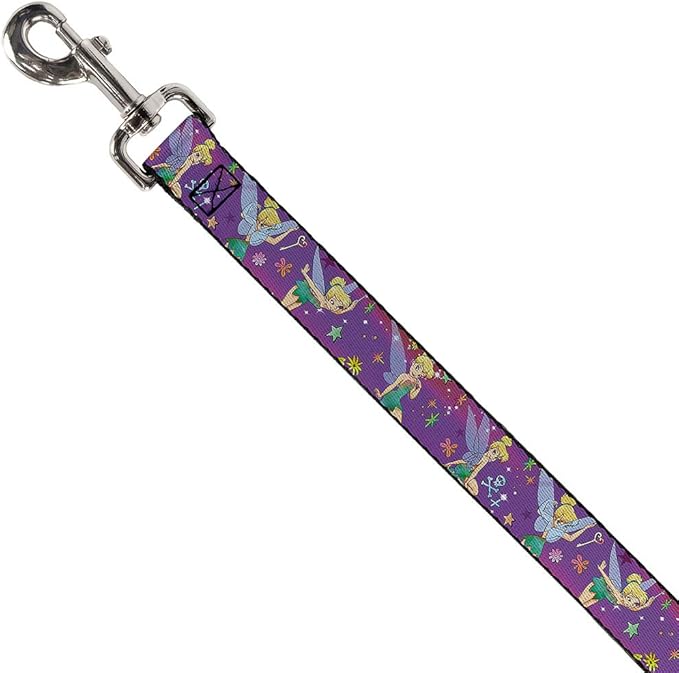 Buckle-Down Pet Leash - Tinker Bell Poses/Flowers/Stars/Skull Purple - 4 Feet Long - 1.5" Wide