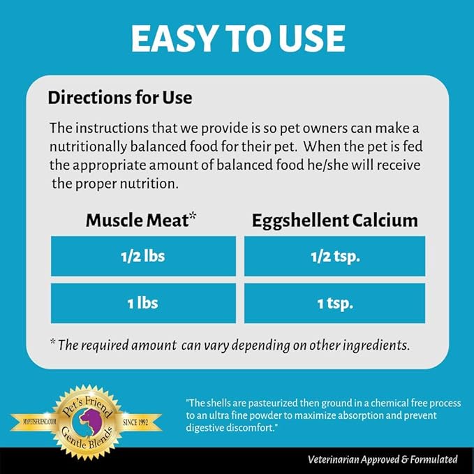 Pet's Friend Eggshellent Calcium 16 oz - Fine Eggshell Powder Calcium Supplement for Dogs and Cats, Low Phosphorous Non-Bovine Ingredients, Nourish Muscles, Joints, and Bones, Tasty Food Additive