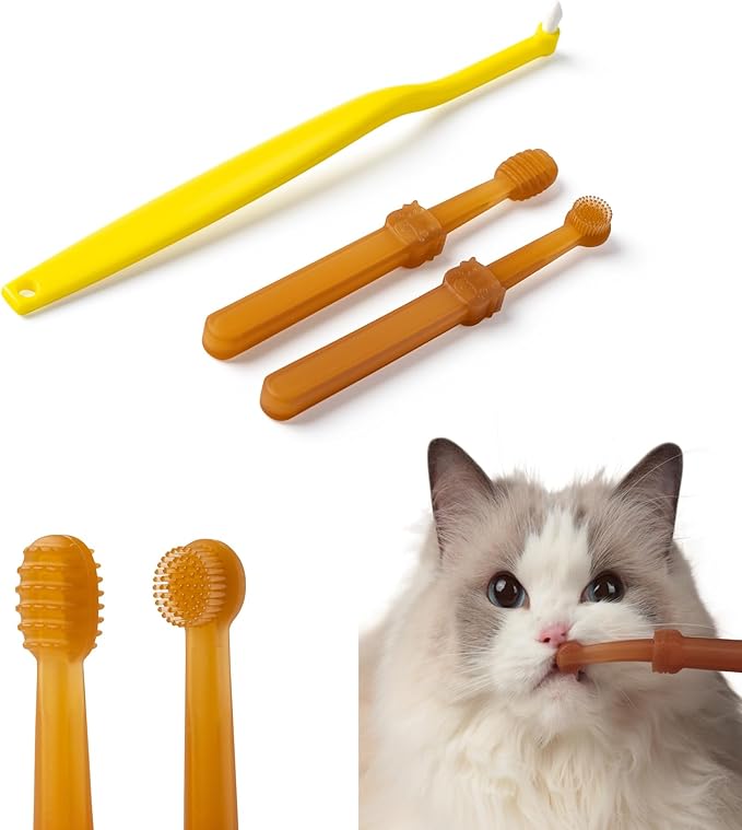 E.M&S.T by Emmeliestella Small Dog & Cat Toothbrush Micro Head, Cat Dental Care, Pets Toothbrush, Oral Hygiene, Easy to Handle, Deep Clean, Soft Bristles, Easy to Handle, Brown & Yellow 3PCS
