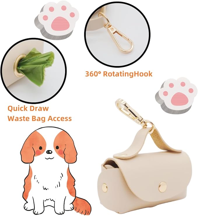 Leather Poop Bag Holder Dispenser for Leash, Portable and Reusable Dog Poop Bag Dispenser, Dog Bag Holder for Walking, Outdoor, Travelling (Beige)