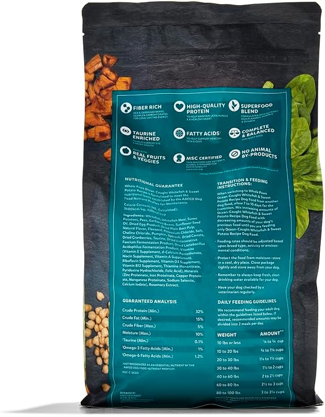 Whole Paws by Whole Foods Market, Grain-Free Adult Dog Food, Ocean-Caught Whitefish & Sweet Potato Recipe, 4 Pound